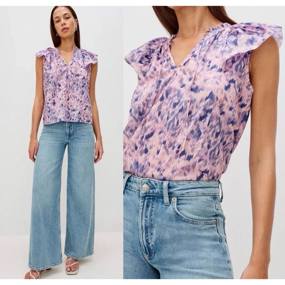 Rails Karysa Blouse Top Pink Ikat Flutter Sleeve Cotton Boho Size Medium - Picture 1 of 6